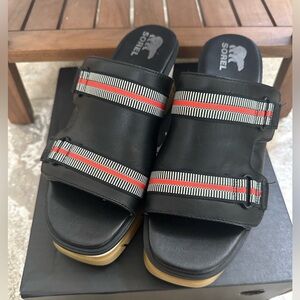 Sorel Black Sandals with Red and White Stripes